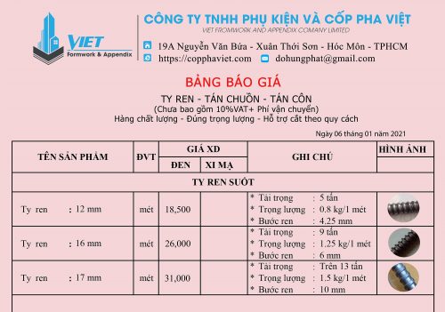 Báo giá Ty ren - Ty ren 12 - Tyren 16 - Ty ren D17